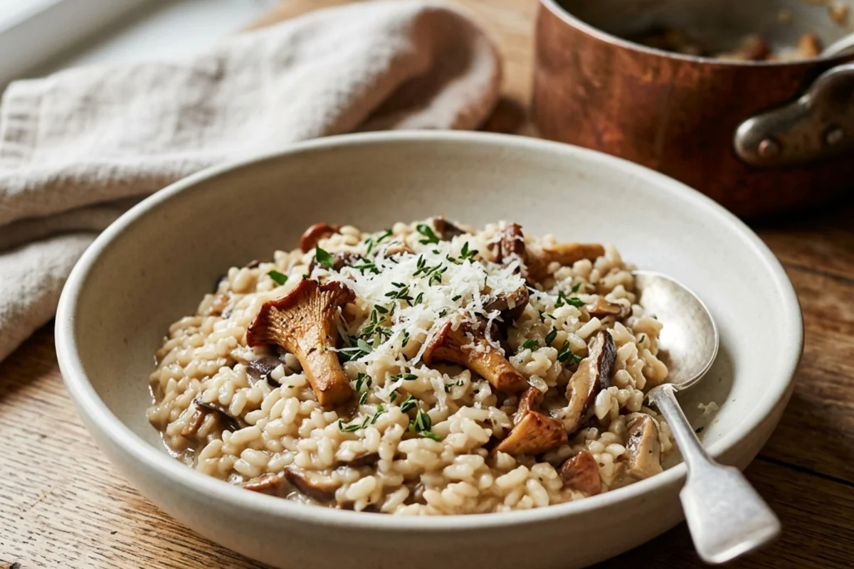 AI-generated image of mushroom risotto in a ceramic bowl, created with Nano Banana 2