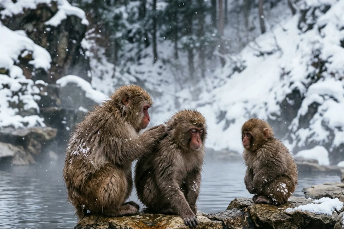 AI-generated image of macaques beside a snowy hot spring, created with Nano Banana 2
