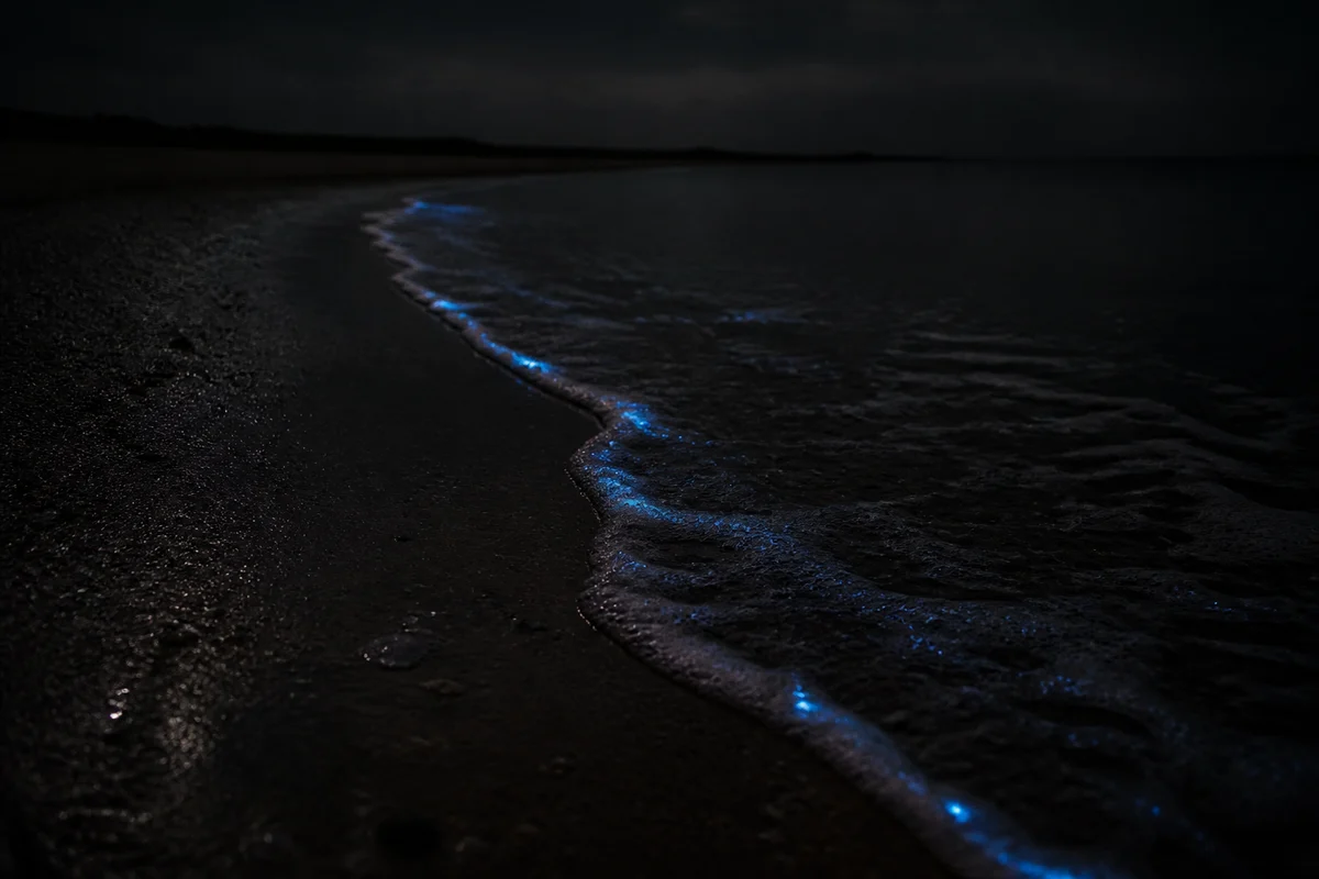 AI-generated image of bioluminescent waves along a dark shoreline, created with ChatGPT Images 2.0